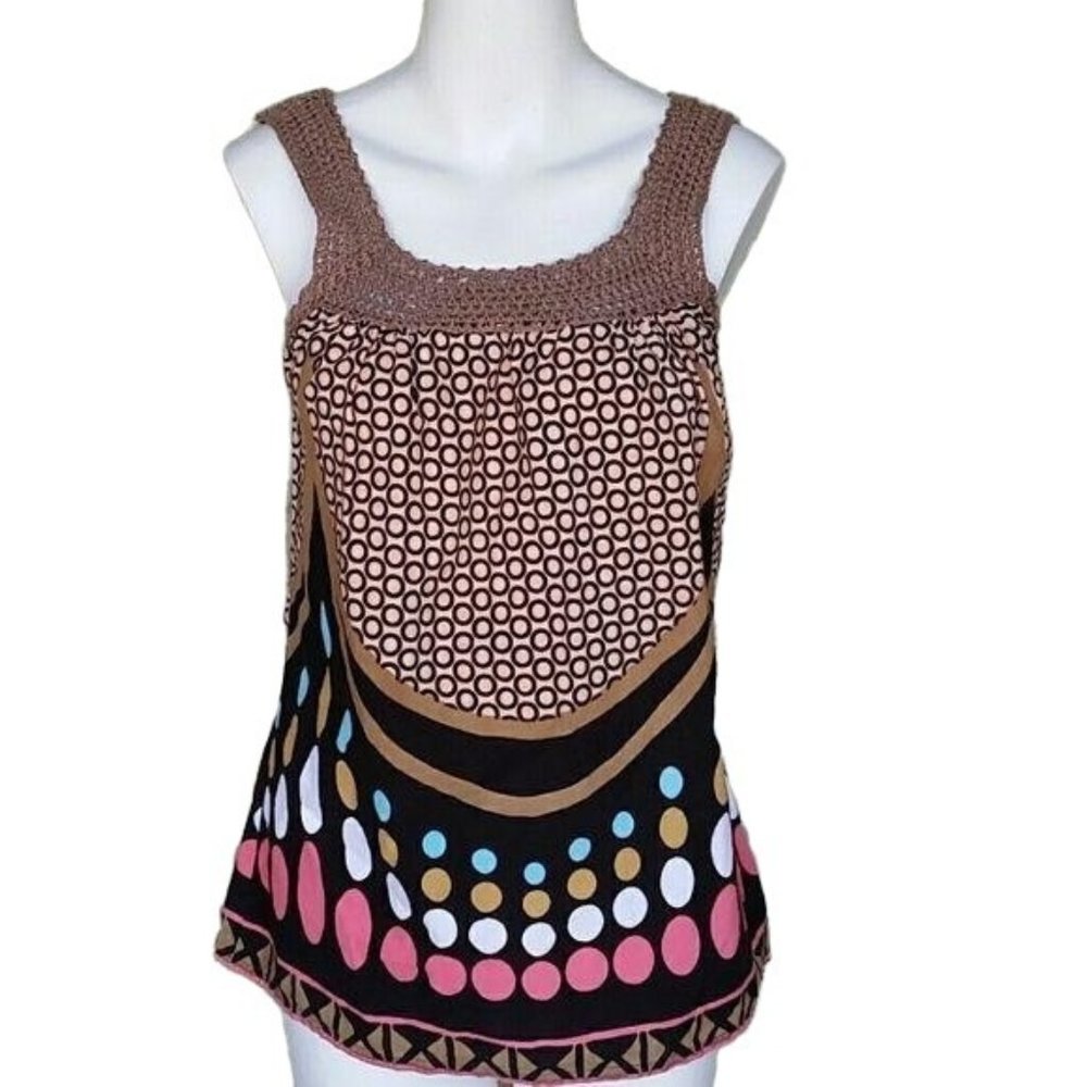 Blue Plate Top Shirt Tank Brown Pink Crochet Sleeveless Womens Small
